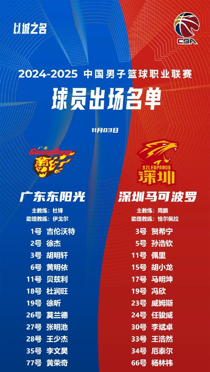 🔥广东VS深圳大名单：胡明轩&amp;莫兰德大战贺希宁&amp;威姆斯